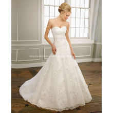 A-line Sweetheart Strapless Satin Organza Lace Chapel Train Beading Ruffled Wedding Dress